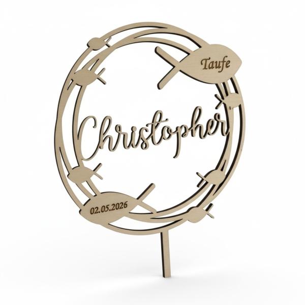 Runder Caketopper aus Birkenholz mit personalisiertem Namen, Anlass und Datum